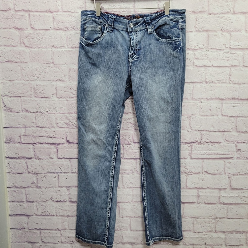 Truth Be Told Blue Denim Rhinestone Jeans Womens 14 Slim Bootcut Y2K Retro Glitz